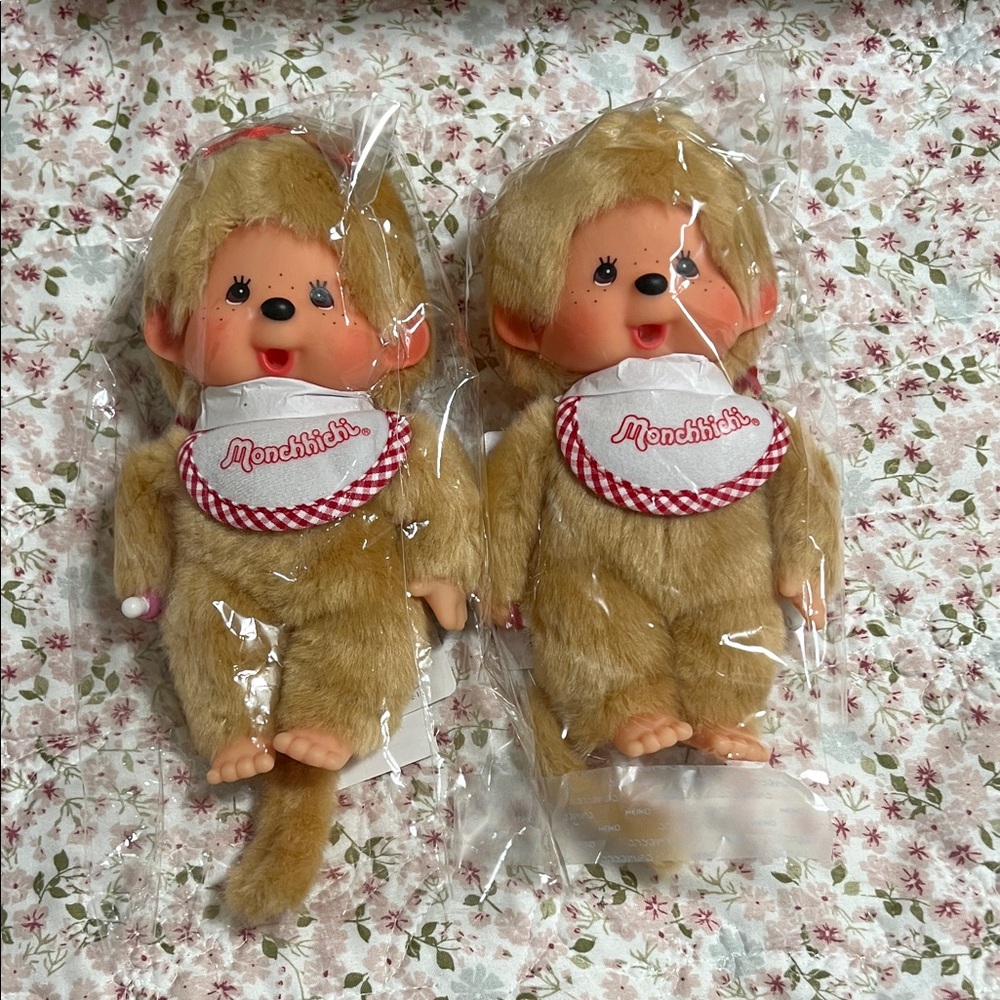 Monchhichi Classic Tan Plush Doll with Bib - Cute Collectible- Japan Exclusive